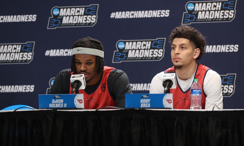 Dayton's DaRon Holmes and Koby Brea appear at a press conference on Friday, March 22, 2024, at the Delta Center in Salt Lake City, Utah. David Jablonski/Staff