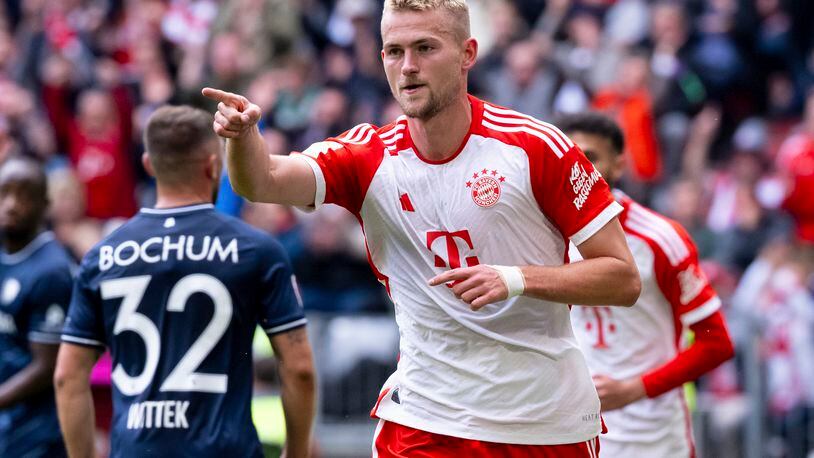 FILE - Bayern's Matthijs de Ligt celebrates scoring his side's third goal during the German Bundesliga match between Bayern Munich and VfL Bochum at the Allianz Arena inn Munich, Germany, Saturday, Sept. 23, 2023.. (Sven Hoppe/dpa via AP, File)