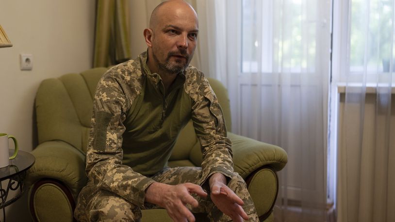 As an investigative journalist, then an activist, and later a lawmaker, Yehor Soboliev speaks during the interview with Associated Press in Kyiv, Ukraine, on May 3, 2024. (AP Photo/Alex Babenko)