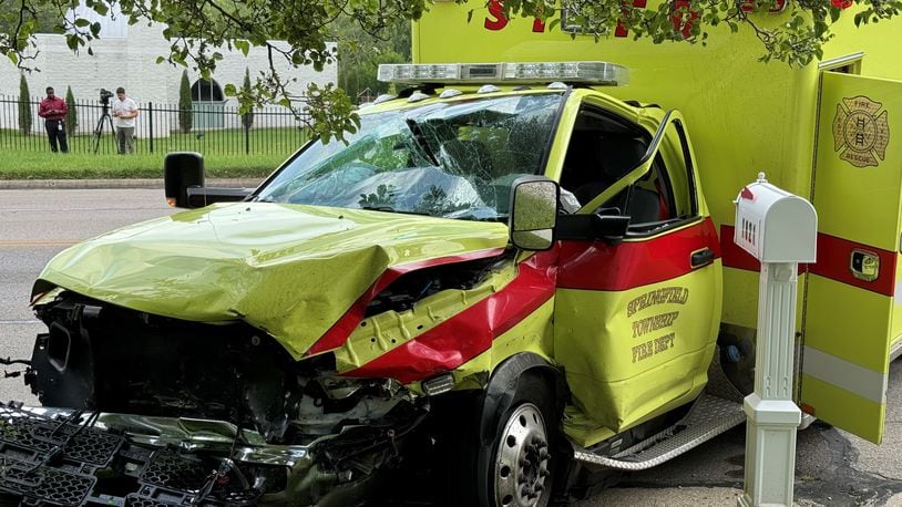 A Springfield Twp. ambulance and three other vehicles were heavily damaged in a crash in the 1900 block of South Burnett Road Monday, July 22, 2024. BILL LACKEY/STAFF