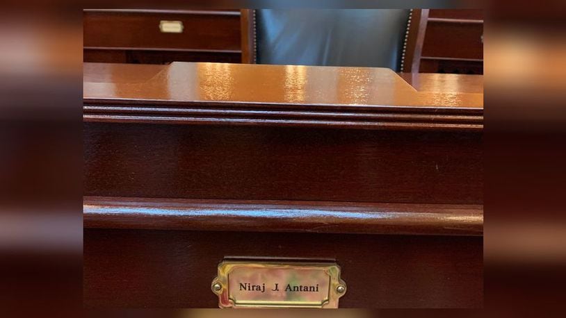 Sen. Niraj Antani's empty chair at the Ohio Statehouse on May 22.