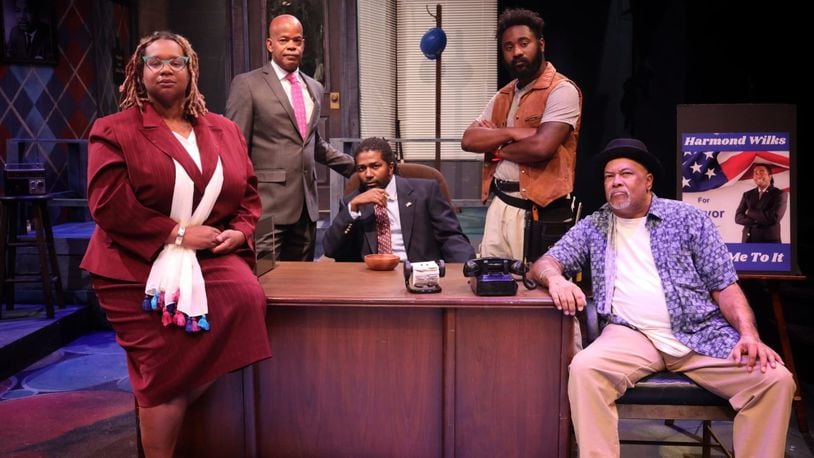 Left to right: Jena Perry (Mame Wilks), Lessley Scott (Roosevelt Hicks), S. Francis Livisay (Harmond Wilks), Andre Tomlinson (Sterling Johnson), and Franklin Johnson (Elder Joseph Barlow) comprise the cast of the Dayton Theatre Guild's production of "Radio Golf." PHOTO BY RICK FLYNN PHOTOGRAPHY