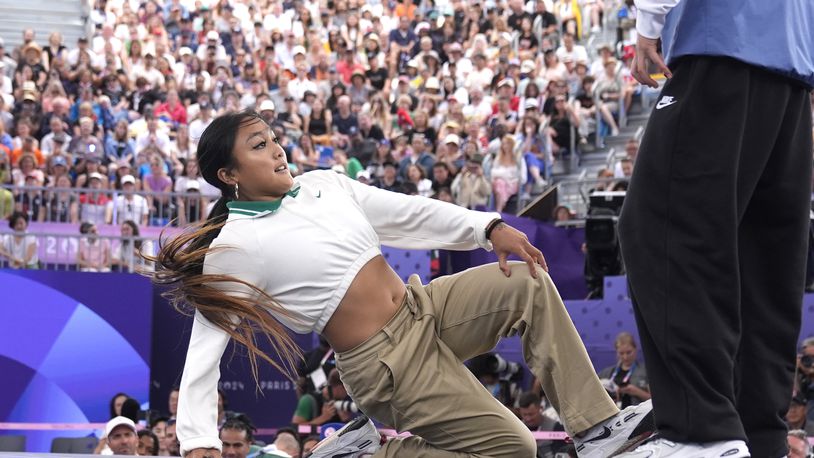 FILE - United States Logan Edra, known as B-Girl Logistx competes during the Round Robin Battle at the breaking competition at La Concorde Urban Park at the 2024 Summer Olympics, Aug. 9, 2024, in Paris, France. (AP Photo/Frank Franklin, File)