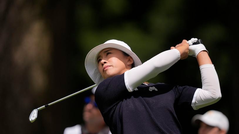 Amy Yang, of South Korea, hits from the fifth tee during the third round of the Women's PGA Championship golf tournament at Sahalee Country Club, Saturday, June 22, 2024, in Sammamish, Wash. (AP Photo/Gerald Herbert)