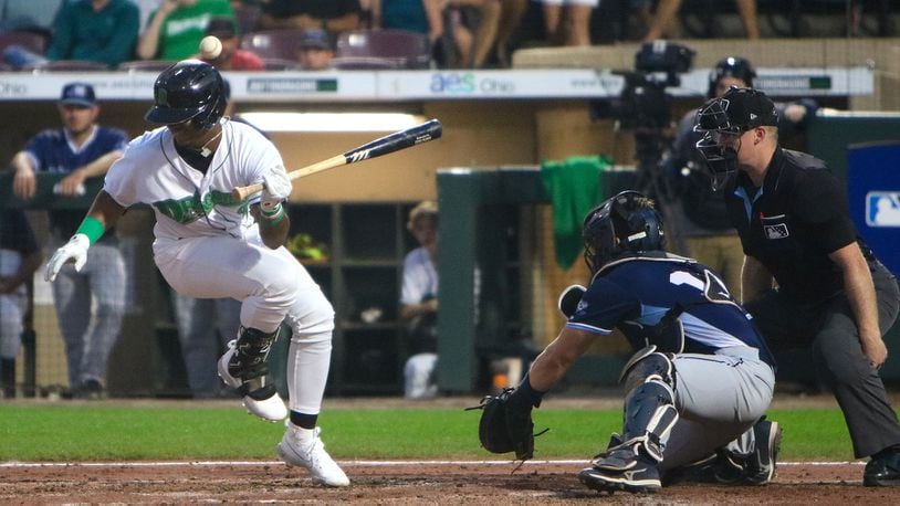 Victor Acosta is hit by a pitch as part of Dayton's three-run fifth inning in Wednesday's 5-3 win over West Michigan at Day Air Ballpark. Cassie Pietruszka/CONTRIBUTED