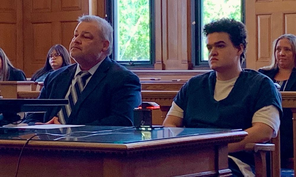 Jackson Bleything (right) sits in Judge Mike Buckwalters courtroom Thursday with attorney Jay Adams(left) during his competency hearing, Sept. 12, 2024. LONDON BISHOP/STAFF