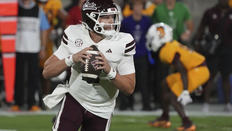 Mississippi State quarterback Blake Shapen looks to pass against Arizona State in the first half during an NCAA college football game, Saturday, Sept. 7, 2024, in Tempe, Ariz. (AP Photo/Rick Scuteri)