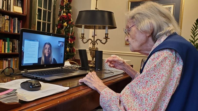 Tina Schmidt, an assisted living resident at the Walnut Creek Senior Living Center, during a Zoom call Hannah Osland, a junior midfielder on the Dayton soccer team. CONTRIBUTED