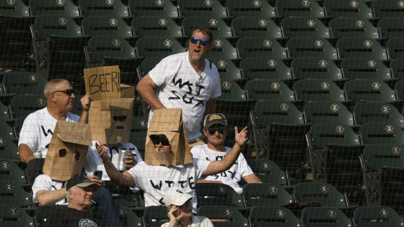 Chicago White Sox fans show their disappointment after the White Sox lost against the Cleveland Guardians in Chicago, Wednesday, Sept. 11, 2024. (AP Photo/Paul Beaty)