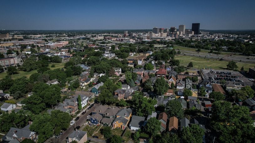 A view of downtown Dayton from Woodland Cemetary June 2, 2023. JIM NOELKER/STAFF