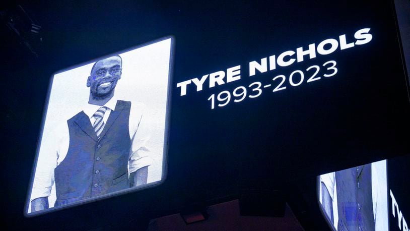 FILE - The screen at the Smoothie King Center in New Orleans honors Tyre Nichols before an NBA basketball game between the New Orleans Pelicans and the Washington Wizards, Jan. 28, 2023. (AP Photo/Matthew Hinton, File)