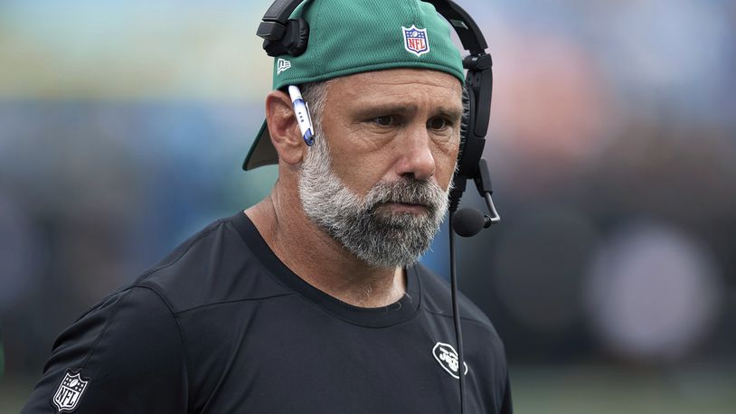 FILE - New York Jets defensive coordinator Jeff Ulbrich walks the sideline during an NFL preseason football game against the Carolina Panthers, Saturday, Aug. 12, 2023, in Charlotte, N.C. (AP Photo/Brian Westerholt, File)