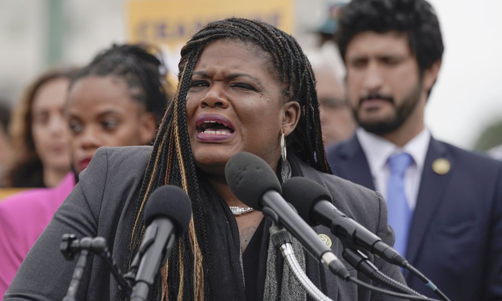 FILE - Rep. Cori Bush, D-Mo., speaks at a news conference on Capitol Hill, Oct. 20, 2023, in Washington.(AP Photo/Mariam Zuhaib, File)