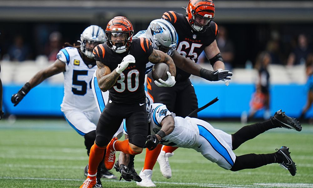 Cincinnati Bengals running back Chase Brown runs against the Carolina Panthers during the second half of an NFL football game, Sunday, Sept. 29, 2024, in Charlotte, N.C. (AP Photo/Rusty Jones)