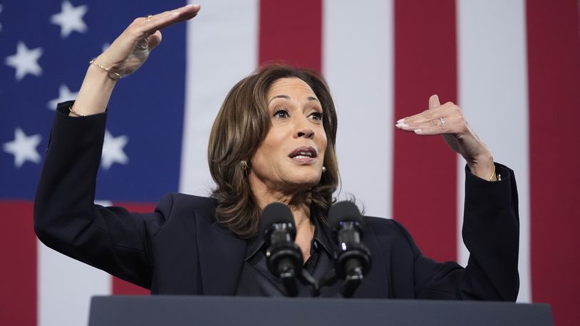 Democratic presidential nominee Vice President Kamala Harris speaks during an event at the Redford Township Fire Department North Station in Redford Township, Mich., Friday, Oct. 4, 2024. (AP Photo/Mark Schiefelbein)