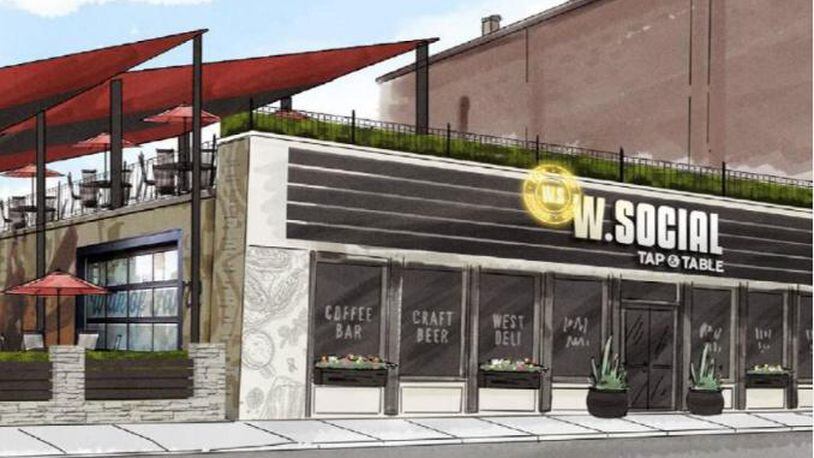 The Wright Dunbar Food Hall project at 1100 W. Third St. is projected to include outdoor seating and entertainment as well as food vendors. Source: Dillin