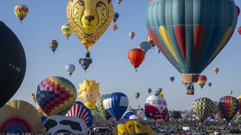 FILE - Nearly 500 balloons begin to take off during the Albuquerque International Balloon Fiesta, Oct. 7, 2023, in Albuquerque, N.M. (AP Photo/Roberto E. Rosales, File)