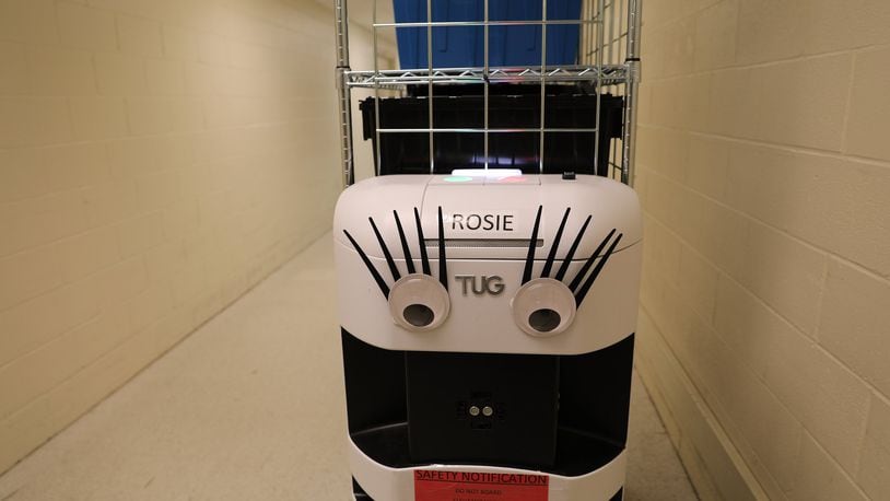 Rosie the robot delivers materials at Kettering Medical Center and Soin Medical Center. The robot can wait for an elevator, take an express ride, stop and wait for a clear path and navigate around. CONTRIBUTED PHOTO