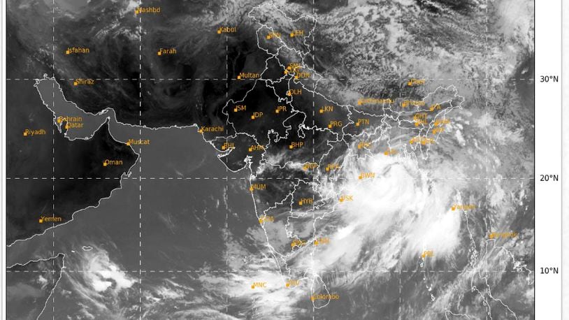 In this screen-grab taken from the website of India Meteorological Department, Government of India, cyclonic activity is visible over the Bay of Bengal on the eastern coast of India. The India Meteorological Department says the cyclonic storm will cross Bangladesh and India’s West Bengal coasts around midnight Sunday. (India Meteorological Department via AP)