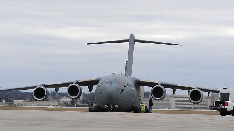 A C-17 Globemaster cargo plane, with Airmen returned Thursday, Jan. 4, 2024 to Wright-Patterson Air Force Base from more than two months deployed at an undisclosed location. MARSHALL GORBY\STAFF