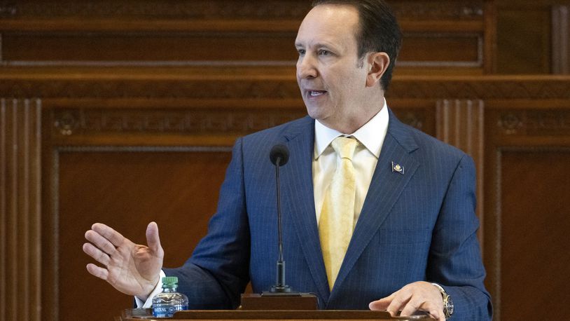 FILE - Louisiana Gov. Jeff Landry addresses members of the House and Senate on opening day of a legislative special session, Feb. 19, 2024, in the House Chamber at the State Capitol in Baton Rouge, La. Landry has signed a first-of-its-kind bill Friday, May 24, classifying two abortion-inducing drugs as controlled and dangerous substances. (Hilary Scheinuk/The Advocate via AP, File)