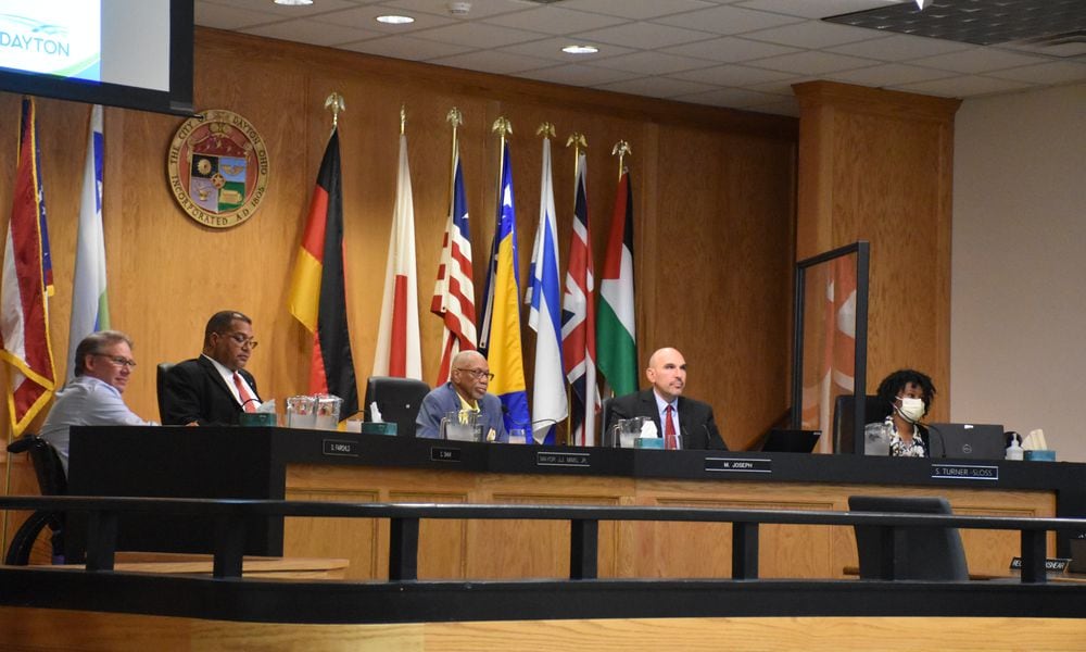 Dayton City Commission during a public hearing about a proposed tax levy measure in support of a new public hospital on Wednesday, Aug. 7, 2024. CORNELIUS FROLIK / STAFF