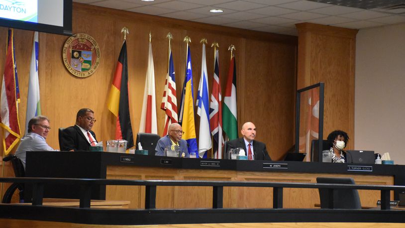 Dayton City Commission during a public hearing about a proposed tax levy measure in support of a new public hospital on Wednesday, Aug. 7, 2024. CORNELIUS FROLIK / STAFF