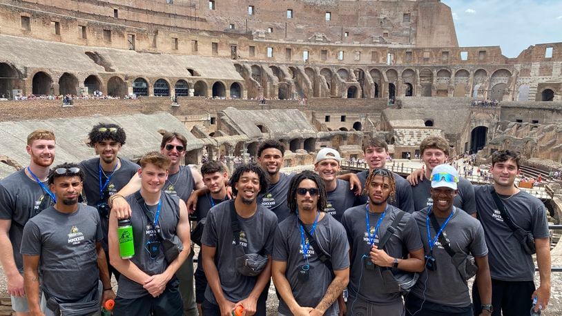 Members of Wright State's men's basketball team this summer at the Colosseum in Rome, Italy. Wright State Athletics photo