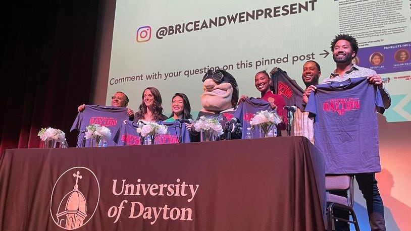 Pop culture forum “Real Talk: Gender & Reality TV” was held Wednesday, Oct. 25 at the University of Dayton. Left to right: Murtz Jaffer, Eliza Orlins, Becky Lee, Taylor Hale, Brice Izyah and Wendell Holland. PHOTO BY RUSSELL FLORENCE JR