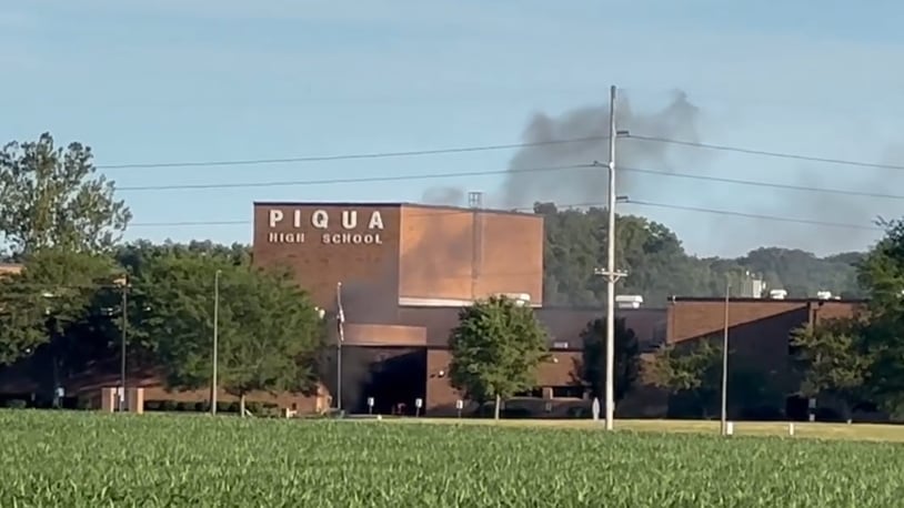 Piqua High School's entrance caught fire after an explosive device was detonated Monday, July 1, 2024. Multiple windows and doors were reportedly blown out as a result. Photo courtesy Piqua Police Department.
