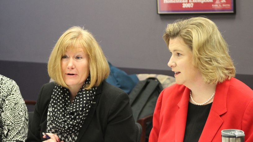 Dayton City Manager Shelley Dickstein and Mayor Nan Whaley at a recent tax incentive review meeting. CORNELIUS FROLIK / STAFF