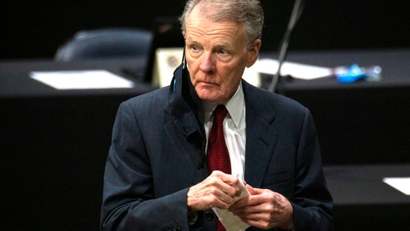 FILE - In this Jan. 8, 2021, file photo, then- Illinois House Speaker Michael Madigan appears on the floor as the Illinois House of Representatives convenes at the Bank of Springfield Center, in Springfield, Ill. (E. Jason Wambsgans/Chicago Tribune via AP, File)