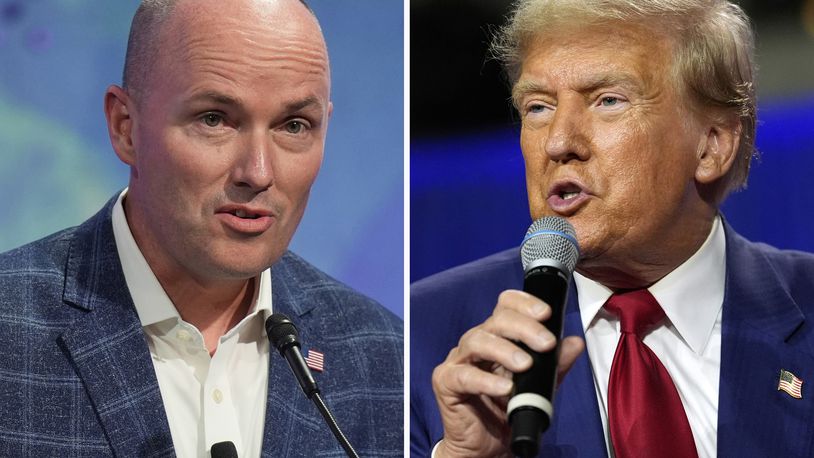 In this combination photo, Utah Gov. Spencer Cox speaks at the National Governors Association, July 11, 2024, in Salt Lake City, left, and Republican presidential nominee former President Donald Trump speaks during a town hall, Aug. 29, 2024, in La Crosse, Wis.. (AP Photo)