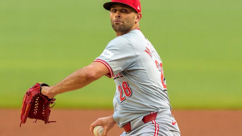 Cincinnati Reds pitcher Nick Martinez throws in the first inning of a make-up baseball game against the Atlanta Braves, Monday, Sept. 9, 2024, in Atlanta. (AP Photo/Jason Allen)