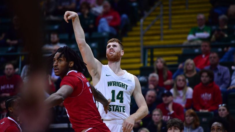 Wright State's Brandon Noel follows through on a shot vs. Miami at the Nutter Center on Dec. 19, 2023. Wright State Athletics photo