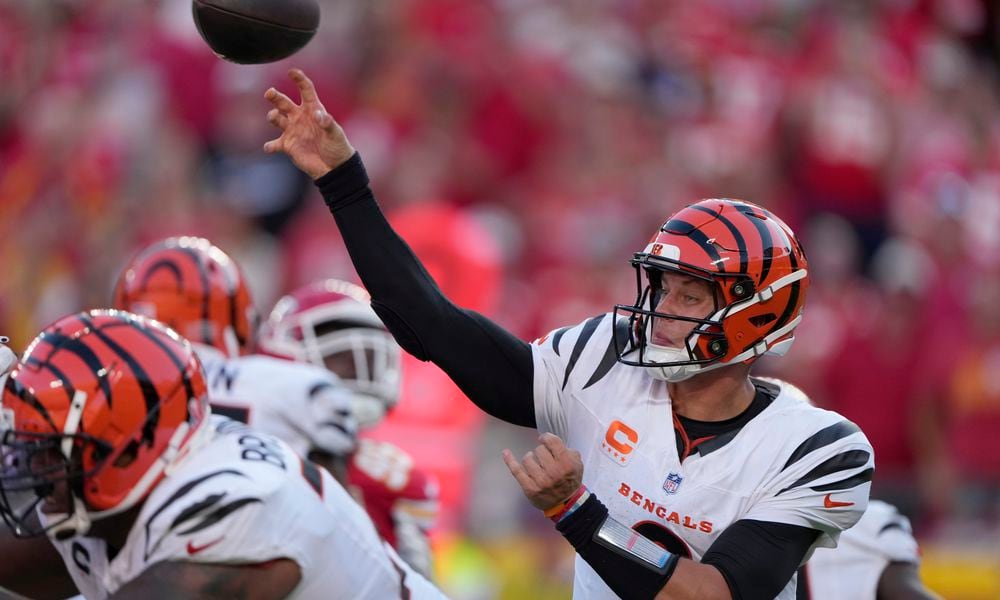 Cincinnati Bengals quarterback Joe Burrow throws during the second half of an NFL football game against the Kansas City Chiefs Sunday, Sept. 15, 2024, in Kansas City, Mo. (AP Photo/Charlie Riedel)