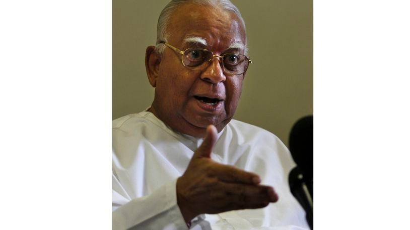 FILE- Sri Lanka's ethnic Tamil minority political party Tamil National Alliance leader Rajavarothiam Sampanthan gestures as he speaks during a media conference in Colombo, Sri Lanka, June 9, 2010. Sampanthan, a senior ethnic Tamil leader and lawmaker, who became the face of the minority community's campaign for autonomy in Sri Lanka since the end of a brutal quarter-century civil war, has died. He was 91.(AP Photo/Eranga Jayawardena, File)