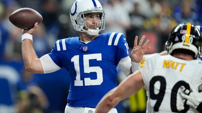 Indianapolis Colts quarterback Joe Flacco (15) looks to throw a pass during the first half of an NFL football game against the Pittsburgh Steelers, Sunday, Sept. 29, 2024, in Indianapolis. (AP Photo/Michael Conroy)