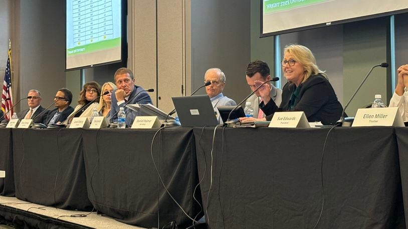 Wright State president Sue Edwards, far right, speaks during a Board of Trustees committee meeting on Thursday, Sept. 12, discussing enrollment trends at the university. Eileen McClory/ staff