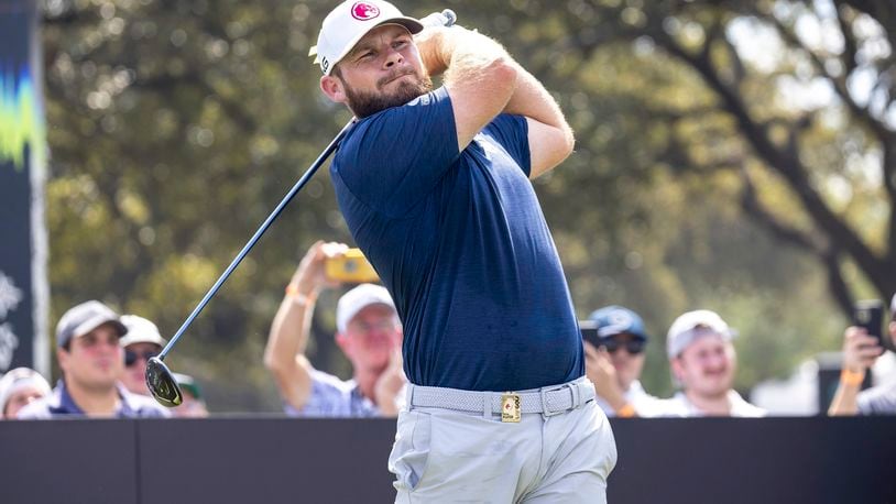 Tyrrell Hatton, of Legion XIII, hits from the 10th tee during the semifinals of LIV Golf Team Championship Dallas at Maridoe Golf Club, Saturday, Sept. 21, 2024, in Carrollton, Texas. (LIV Golf via AP)