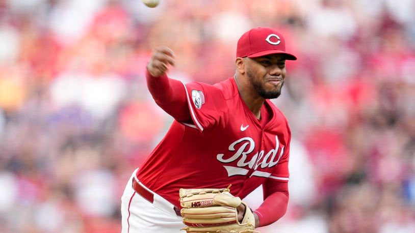 Cincinnati Reds pitcher Hunter Greene throws to a Los Angeles Dodgers batter during the first inning of a baseball game Saturday, May 25, 2024, in Cincinnati. (AP Photo/Jeff Dean)