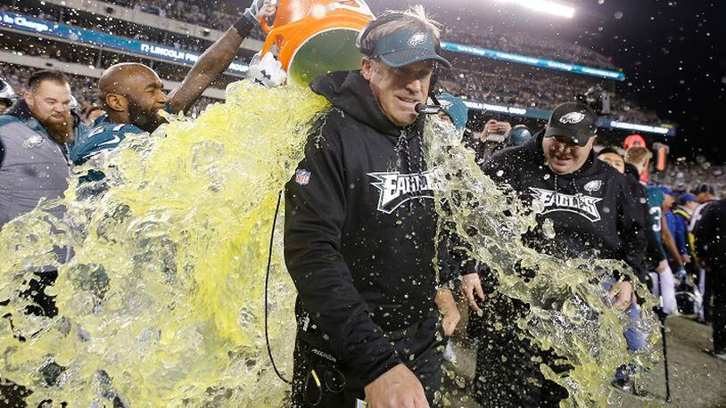 Doug Pederson smiled all the way through his bath in Eagles-green Gatorade  