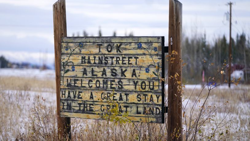 FILE - A welcome sign is shown Sept. 22, 2021, in Tok, Alaska. (AP Photo/Rick Bowmer, File)