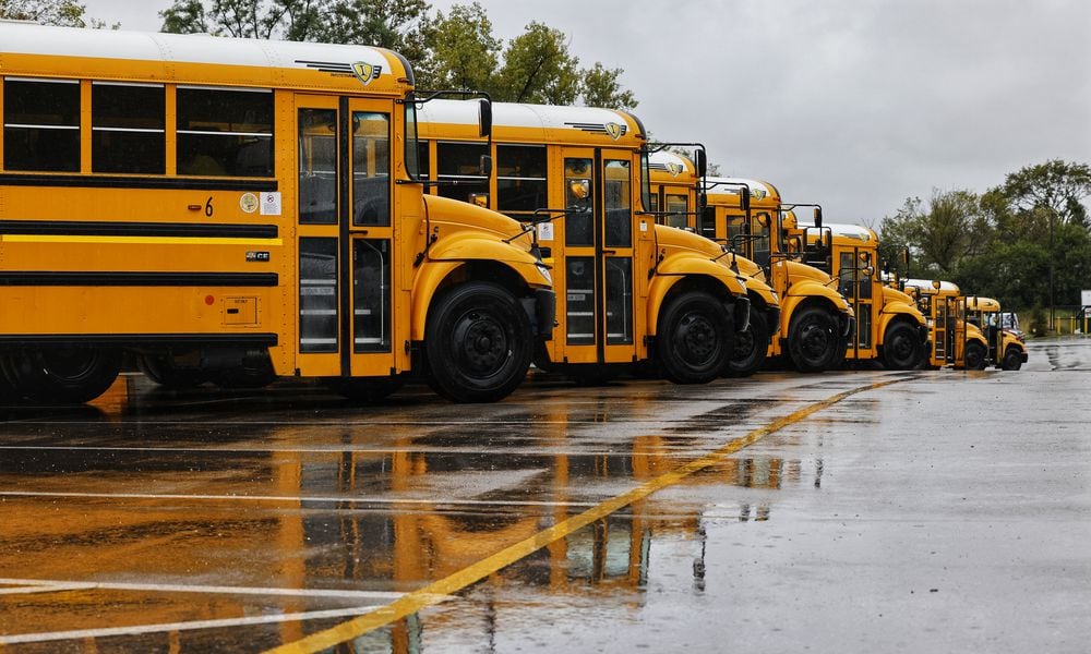 Buses line up to pick up students at Middletown High School Wednesday, Sept. 22, 2021. Schools around the area are facing a shortage of bus drivers. NICK GRAHAM / STAFF