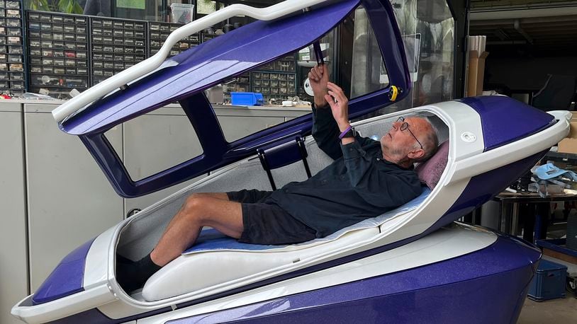 Philip Nitschke enters a 'suicide pod' known as 'The Sarco' in Rotterdam, The Netherlands, July 8, 2024. (AP Photo/Ahmad Seir)