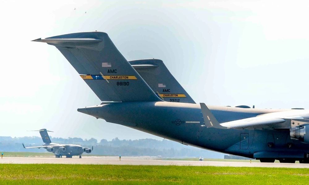 A C-17 Globemaster III from Joint Base Charleston, S.C, taxis on the runway at Wright-Patterson Air Force Base, Oct. 5, 2016. The C-17 was one of several planes using Wright-Patterson as a safe haven while Hurricane Matthew threatens their home station. (U.S. Air Force photo by Wesley Farnsworth)