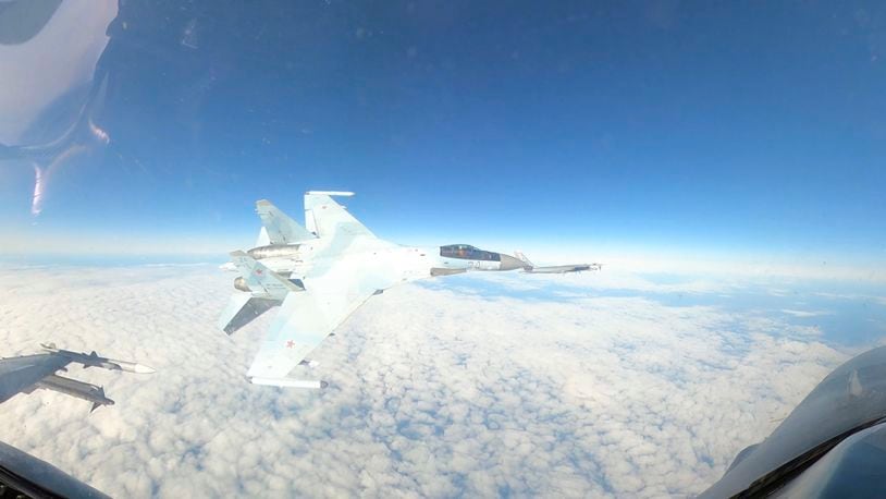 In this Sept. 23, 2024, image taken from video, a U.S. Air Force F-16 operating under the direction of North American Aerospace Defense Command, conducts a routine intercept of a Russian Tu-95 aircraft in the Alaskan Air Defense Identification Zone (ADIZ) when NORAD said a Russian Su-35 aircraft conducts an unsafe maneuver directed at the F-16. (Department of Defense via AP)