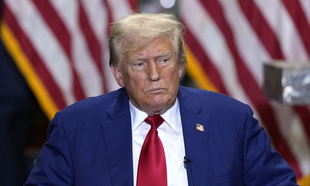 Republican presidential nominee former President Donald Trump listens at a business roundtable discussion at a campaign event at Precision Components Group, Monday, Aug. 19, 2024, in York, Pa. (AP Photo/Julia Nikhinson)