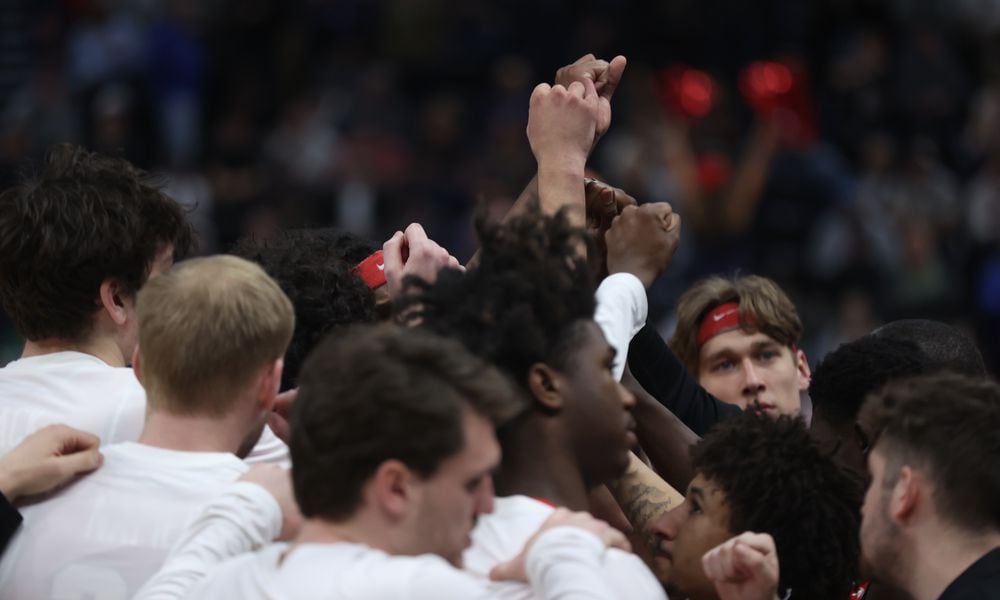 Dayton huddles during a game against Arizona in the second round of the NCAA tournament on Saturday, March 23, 2024, at the Delta Center in Salt Lake City, Utah. David Jablonski/Staff