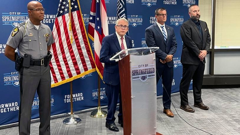 Republican Ohio Gov. Mike DeWine holds a news conference Monday, Sept. 16, 2024, at city hall in Springfield, Ohio, (AP Photo/Patrick Aftoora Orsagos)